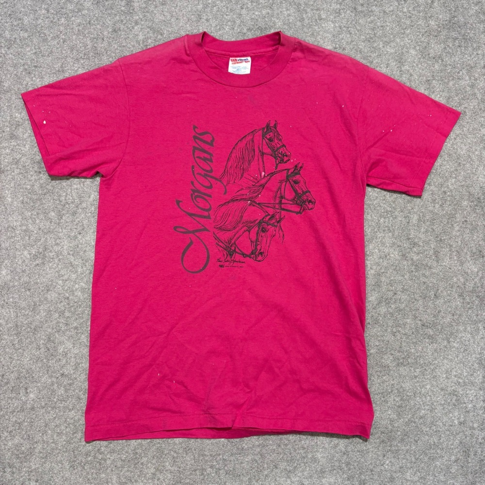 Vintage 1984 Hanes Morgans Horse Graphic T-Shirt Pink M Medium 80s Single Stitc